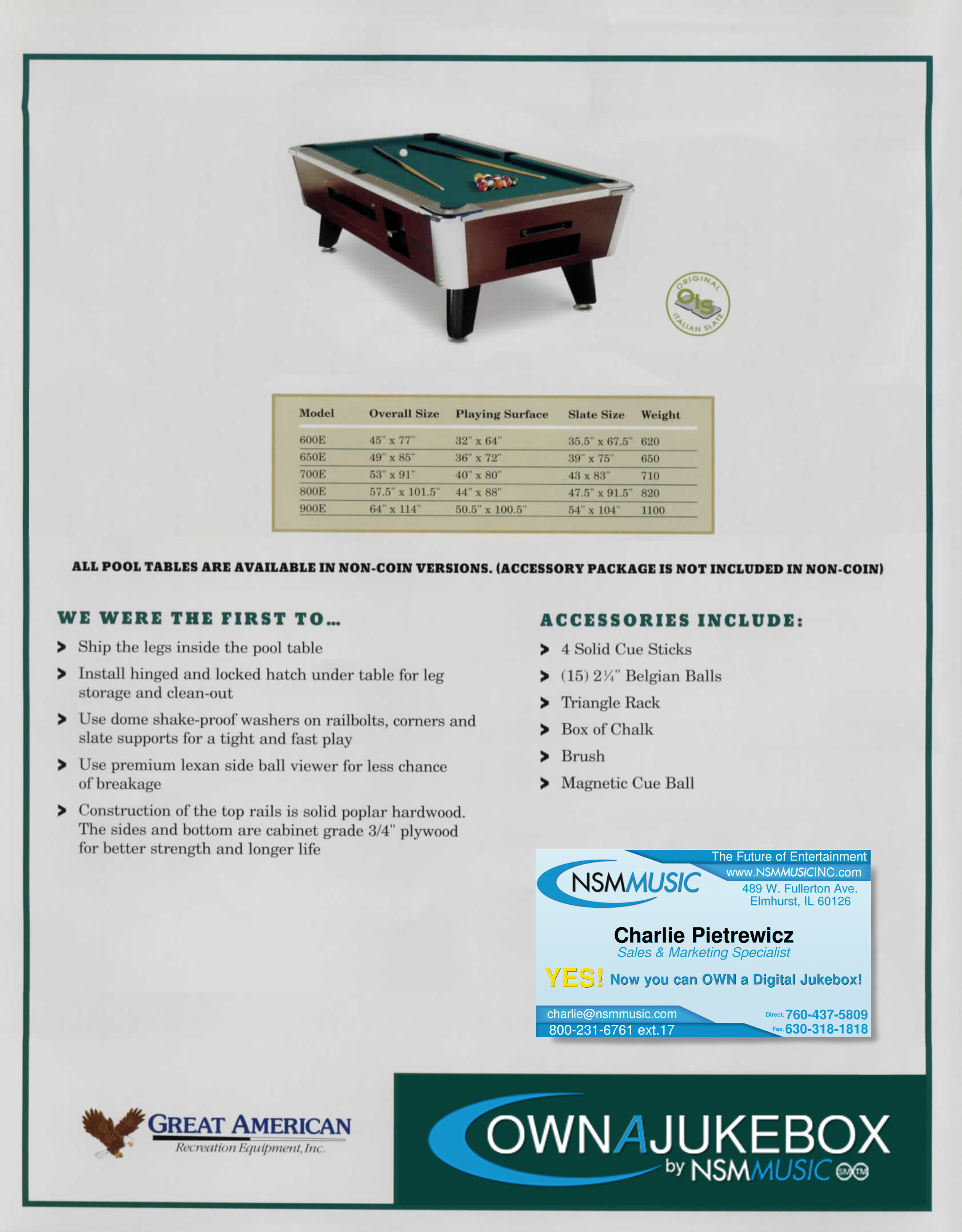 Great American Eagle Coin-Op Pool table 1995